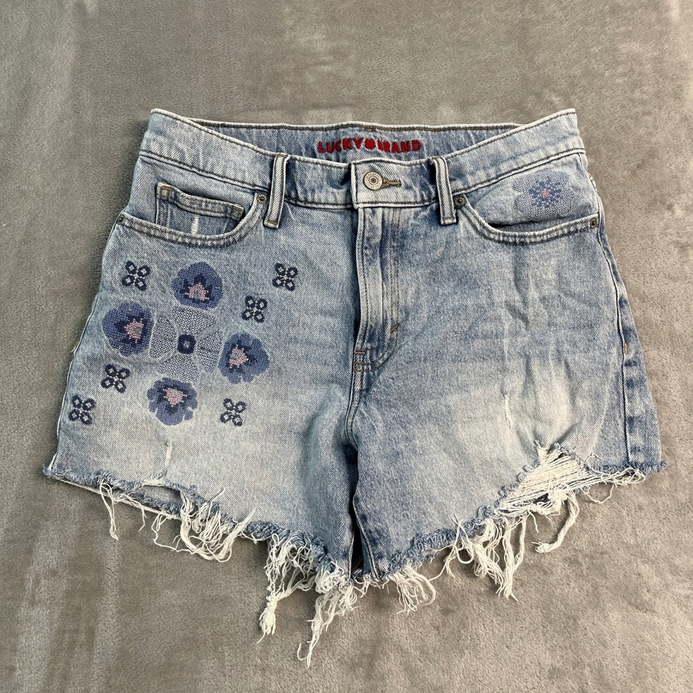 Lucky Brand 90s Midi Shorts Womens 6/28 Light Wash Embroidered Frayed Hem Denim